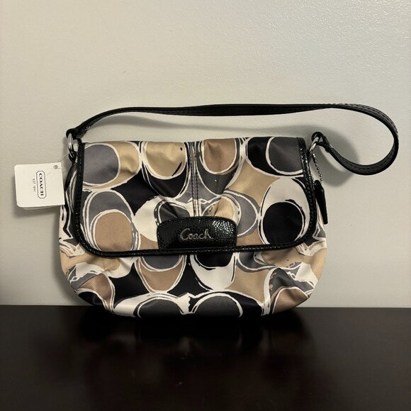 Coach Ashley Signature Satin Black Gold White Silver Scarf Print Mini Bag NWT - Picture 1 of 11
